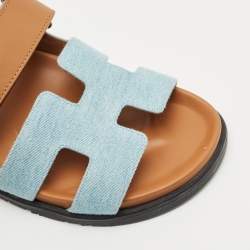 Pre Owned Hermes Brown Denim and Leather Chypre Flat Sandals Size 38