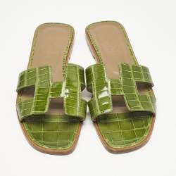 Hermes Green Alligator Leather Oran Flat Slides Size 38