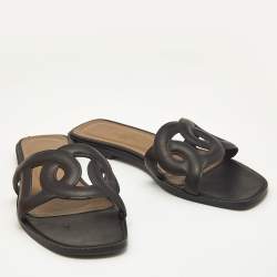 Hermes Black Leather Aloha Flat Slides Size 37