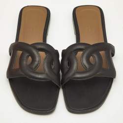 Hermes Black Leather Aloha Flat Slides Size 37