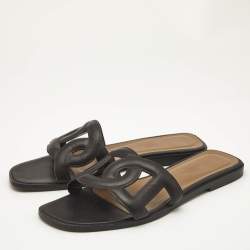 Hermes Black Leather Aloha Flat Slides Size 37