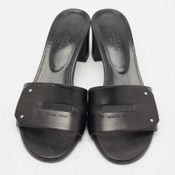 Hermes Black Leather View Slide Sandals Size 39.5