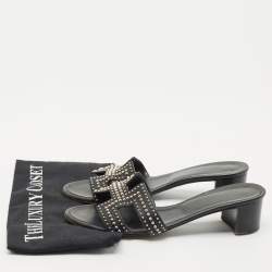 Hermes Black Leather Studded Oasis Block Heel Sandals Size 39