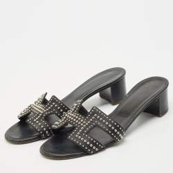 Hermes Black Leather Studded Oasis Block Heel Sandals Size 39