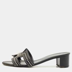 Hermes Black Leather Studded Oasis Block Heel Sandals Size 39