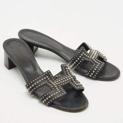 Hermes Black Leather Studded Oasis Block Heel Sandals Size 39