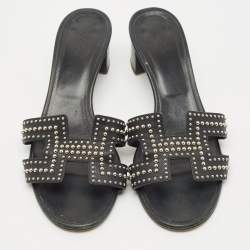 Hermes Black Leather Studded Oasis Block Heel Sandals Size 39