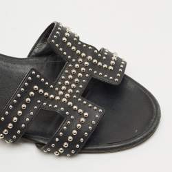 Hermes Black Leather Studded Oasis Block Heel Sandals Size 39