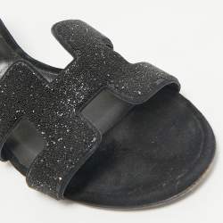 Hermes Black Glitter Suede Oasis Slide Sandals Size 38.5