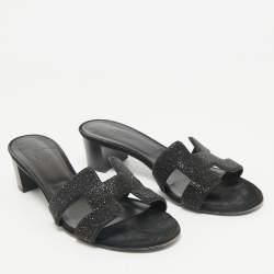 Hermes Black Glitter Suede Oasis Slide Sandals Size 38.5