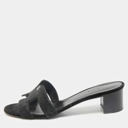 Hermes Black Glitter Suede Oasis Slide Sandals Size 38.5