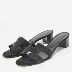Hermes Black Glitter Suede Oasis Slide Sandals Size 38.5