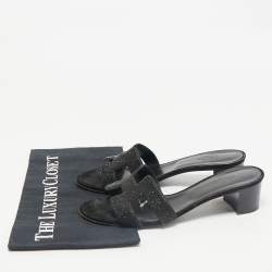 Hermes Black Glitter Suede Oasis Slide Sandals Size 38.5