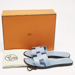 Pre Owned Hermes Blue Leather Oran Flat Slides Size 39