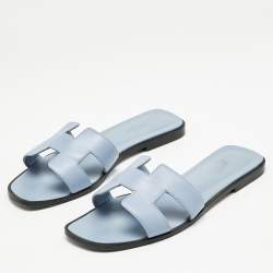 Pre Owned Hermes Blue Leather Oran Flat Slides Size 39