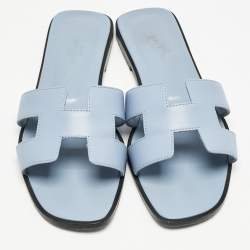 Pre Owned Hermes Blue Leather Oran Flat Slides Size 39