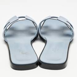 Pre Owned Hermes Blue Leather Oran Flat Slides Size 39
