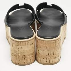Hermes Black Leather Eze Platform Cork Wedge Sandals Size 38