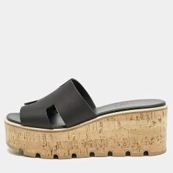 Hermes Black Leather Eze Platform Cork Wedge Sandals Size 38