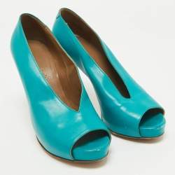 Hermes Blue Leather V-Neck Peep Toe Platform Pumps Size 38.5