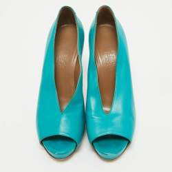 Hermes Blue Leather V-Neck Peep Toe Platform Pumps Size 38.5