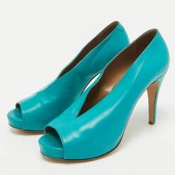 Hermes Blue Leather V-Neck Peep Toe Platform Pumps Size 38.5