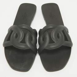 Hermes Black Rubber Aloha Flat Slides Size 38