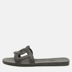 Hermes Black Rubber Aloha Flat Slides Size 38