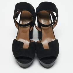 Hermes Black Suede Ankle Strap Platform Sandals Size 38