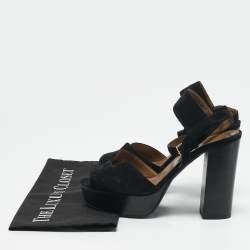 Hermes Black Suede Ankle Strap Platform Sandals Size 38