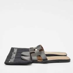 Hermes Black Leather Oran Flat Slides Size 40
