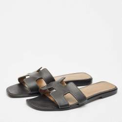 Hermes Black Leather Oran Flat Slides Size 40