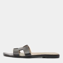Hermes Black Leather Oran Flat Slides Size 40