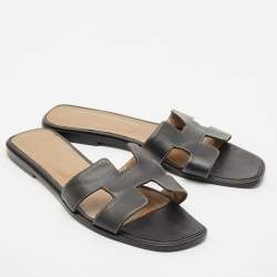 Hermes Black Leather Oran Flat Slides Size 40