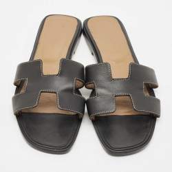 Hermes Black Leather Oran Flat Slides Size 40