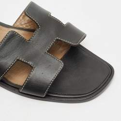 Hermes Black Leather Oran Flat Slides Size 40