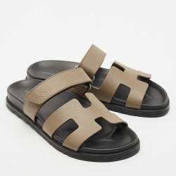 Hermes Grey Leather Chypre Sandals Size 37
