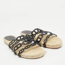 Hermes Black Leather Ancone Espadrille Flats Size 39