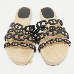 Hermes Black Leather Ancone Espadrille Flats Size 39