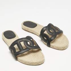 Hermès Black Leather Famosa Espradrille Flats Size 37