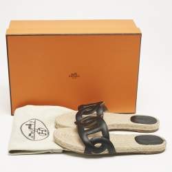 Hermès Black Leather Famosa Espradrille Flats Size 37