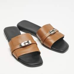 Hermes Brown Leather Giulia Flat Slides Size 39