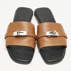 Hermes Brown Leather Giulia Flat Slides Size 39