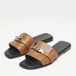 Hermes Brown Leather Giulia Flat Slides Size 39