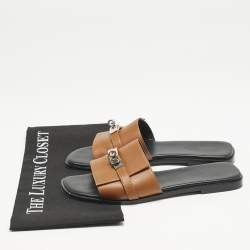 Hermes Brown Leather Giulia Flat Slides Size 39