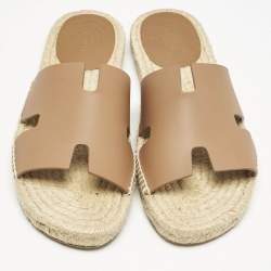 Hermes Brown Leather Antigua Espadrille Flat Sandals Size 41