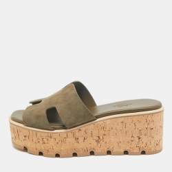 Hermes Green Suede Eze Cork Platform Wedge Sandals Size 38
