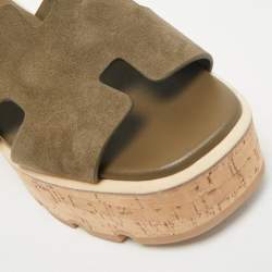 Hermes Green Suede Eze Cork Platform Wedge Sandals Size 38