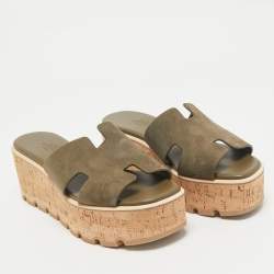 Hermes Green Suede Eze Cork Platform Wedge Sandals Size 38