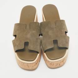 Hermes Green Suede Eze Cork Platform Wedge Sandals Size 38